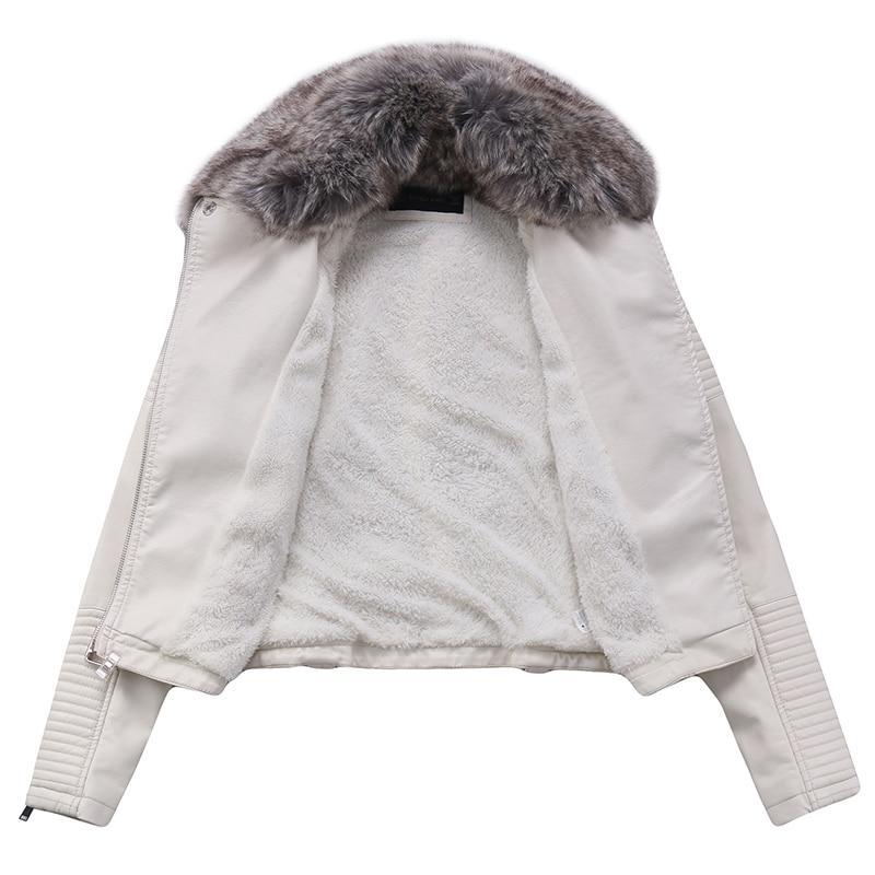 DETACHABLE FUR COLLAR WARM FAUX LEATHER JACKET