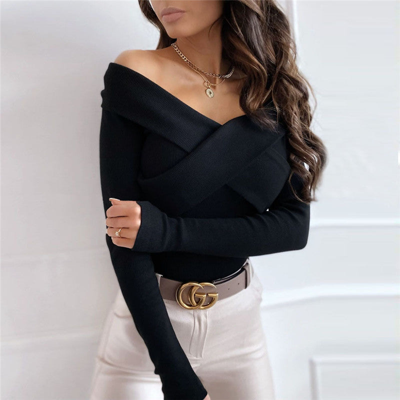 Sexy Double V-neck Sweater Short Long Sleeve Bottoming Shirt