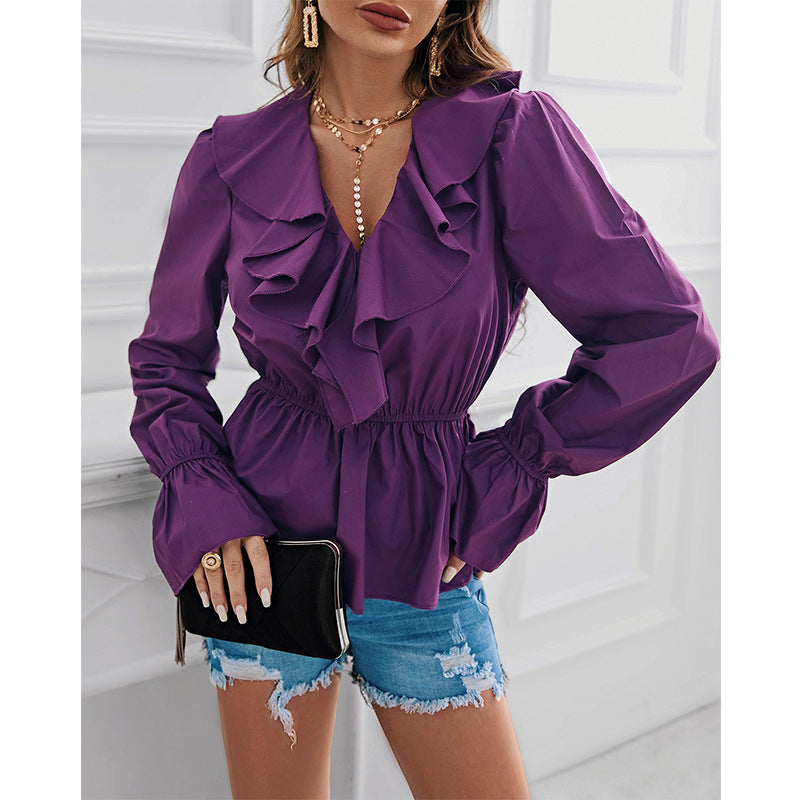 Ruffled V-neck Long-sleeved Bottoming Blouse