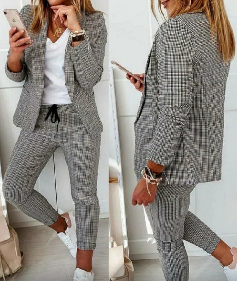 New Plaid Casual Women's Straight Trousers Suit