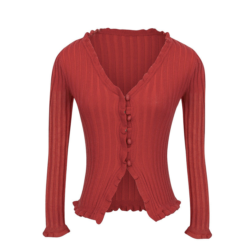 Retro V-neck solid color wooden ear long-sleeved thin section Slim knit cardigan top