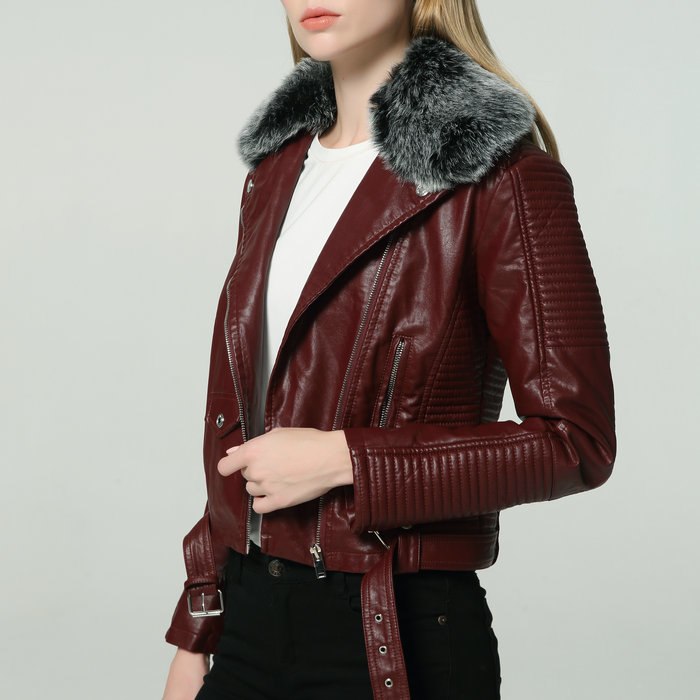 DETACHABLE FUR COLLAR WARM FAUX LEATHER JACKET