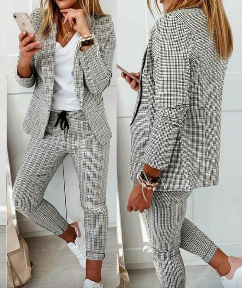 New Plaid Casual Women's Straight Trousers Suit