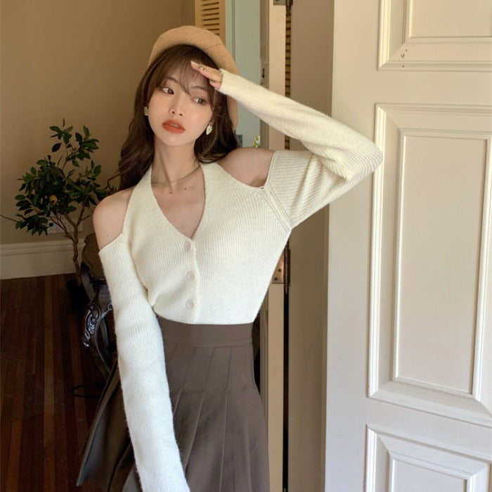 One-shoulder Top Women's Early Autumn Chic V-neck Backless Sweater Loose