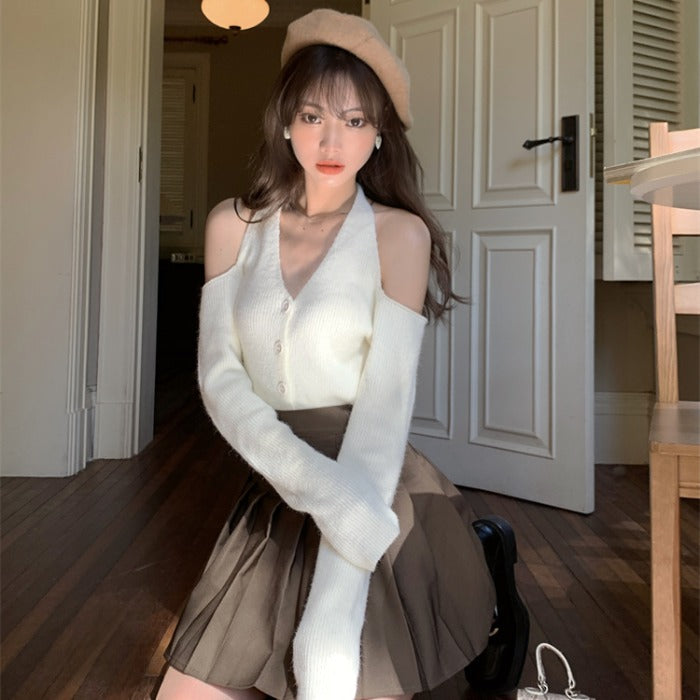 One-shoulder Top Women's Early Autumn Chic V-neck Backless Sweater Loose