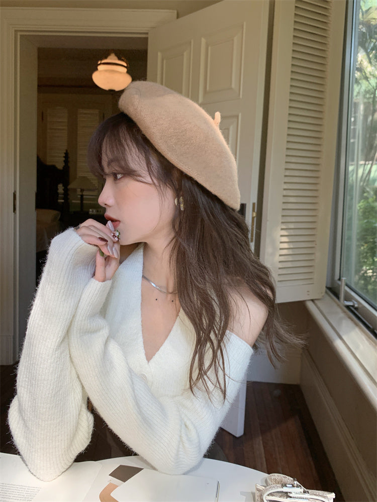 One-shoulder Top Women's Early Autumn Chic V-neck Backless Sweater Loose