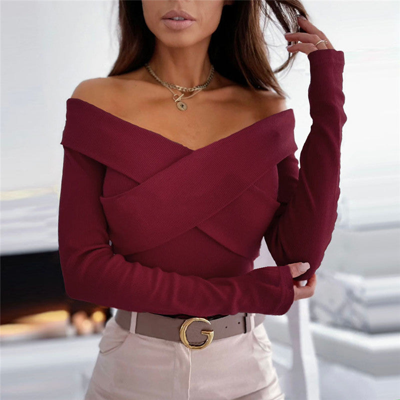 Sexy Double V-neck Sweater Short Long Sleeve Bottoming Shirt